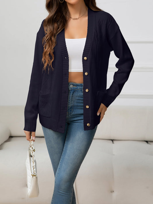 V-Neck Long Sleeve Buttoned Knit Top with Pocket - The Goddess Galleries