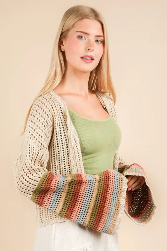 VERY J Color Block Bell Sleeve Openwork Cardigan - The Goddess Galleries