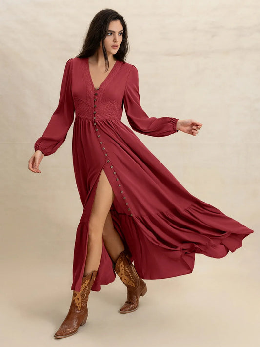 V-Neck Balloon Sleeve Ruffled Hem Maxi Dress - The Goddess Galleries