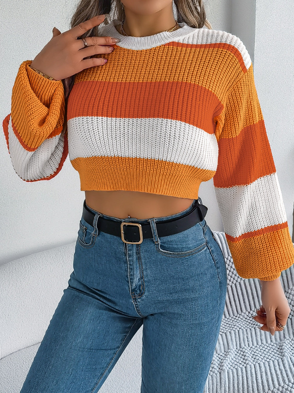 Color Block Round Neck Cropped Sweater - The Goddess Galleries