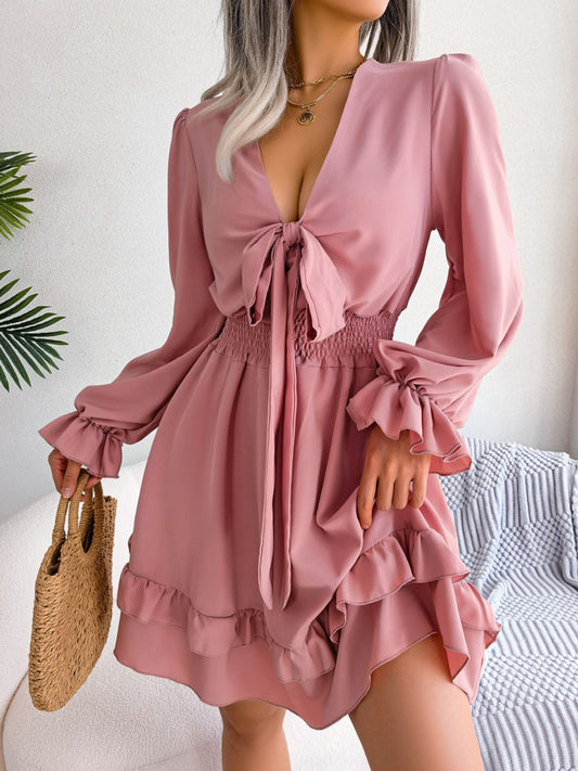 Tie Front Smocked Waist Flounce Sleeve Dress - The Goddess Galleries