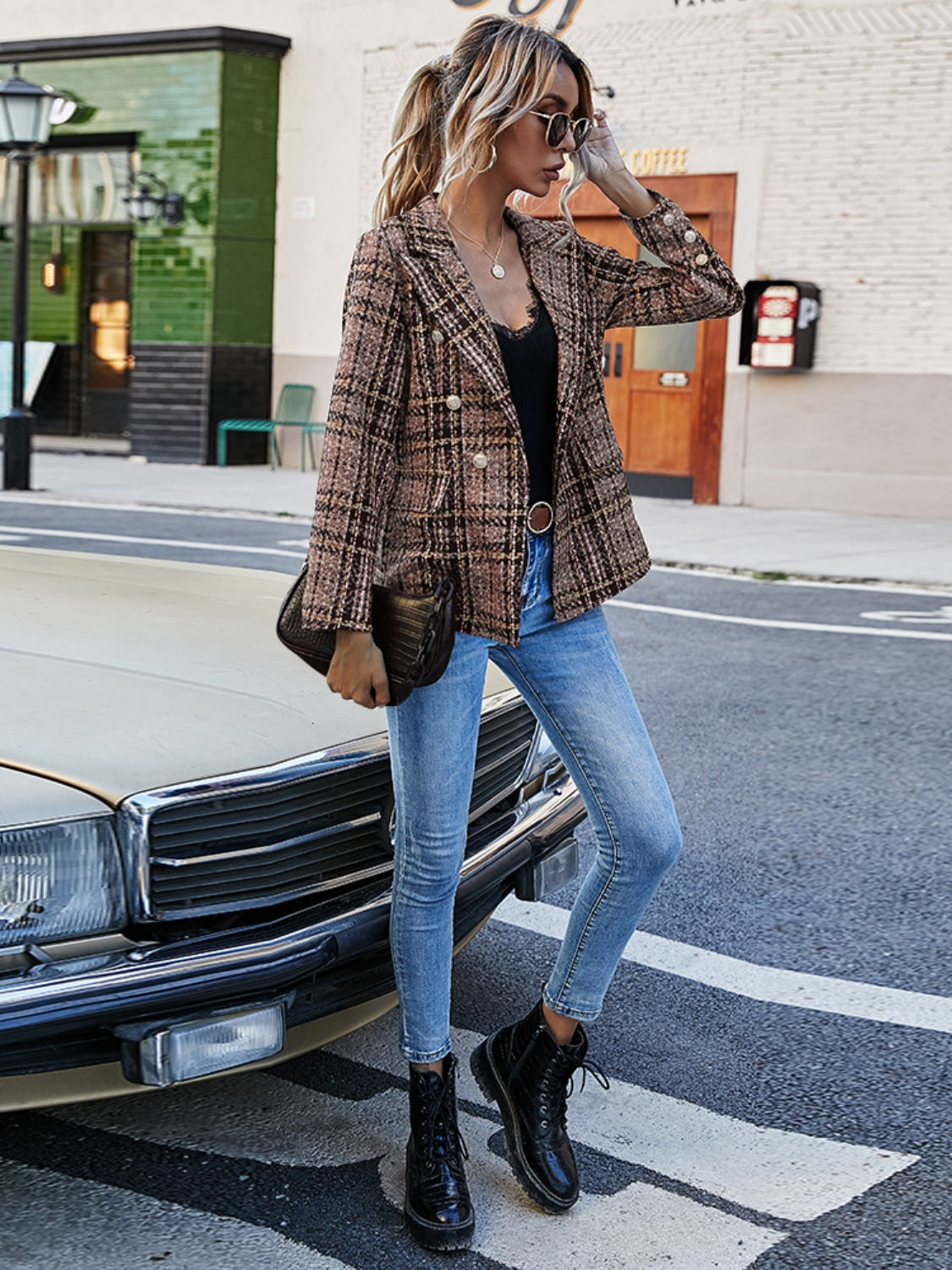 Full Size Plaid Lapel Collar Blazer - The Goddess Galleries
