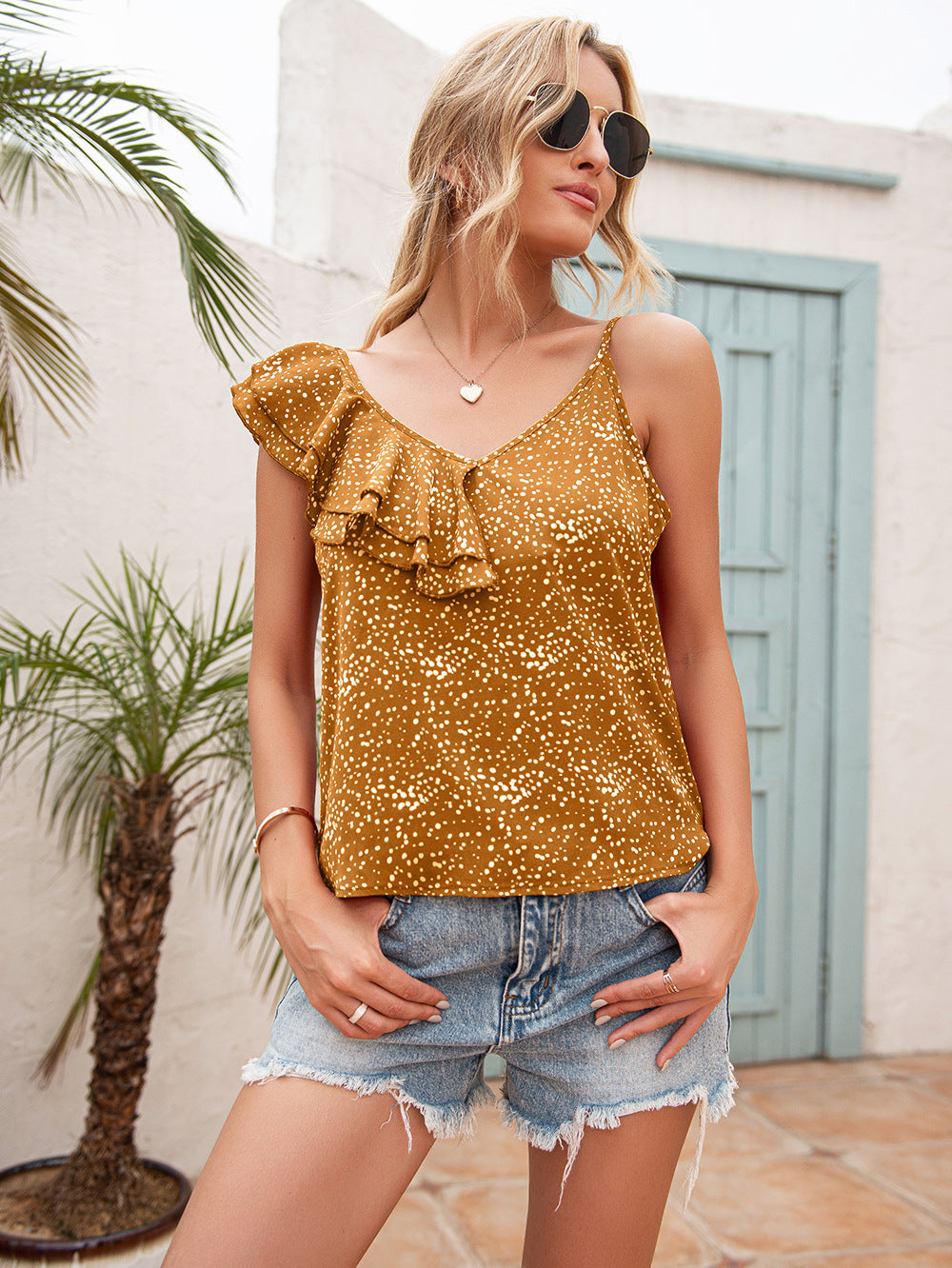 Ivy Lane Polka Dot Ruffle Trim Asymmetrical Tank Top - The Goddess Galleries