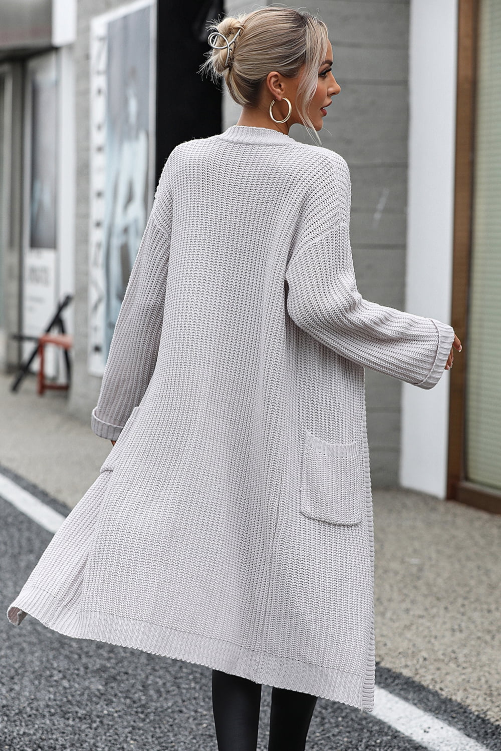 Dropped Shoulder Long Sleeve Cardigan with Pocket - The Goddess Galleries