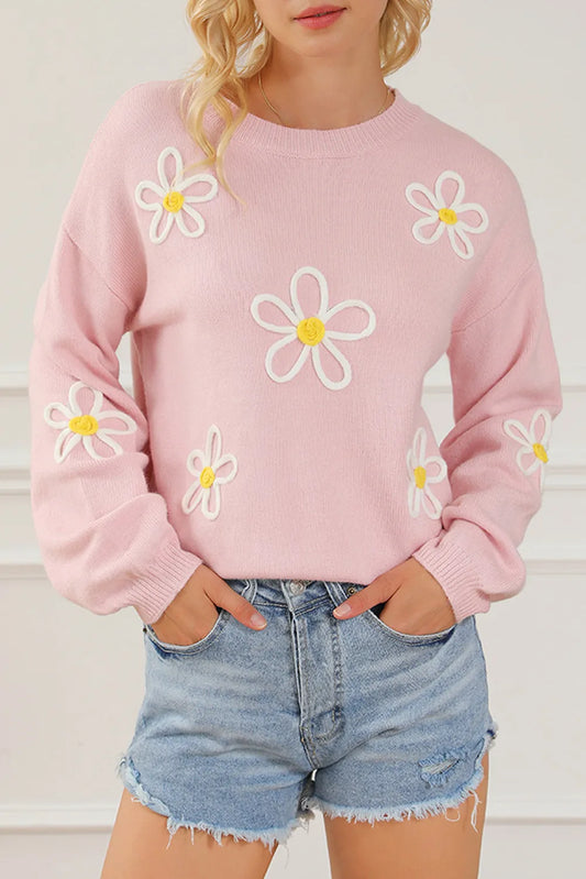 Flower Round Neck Dropped Shoulder Sweater - The Goddess Galleries