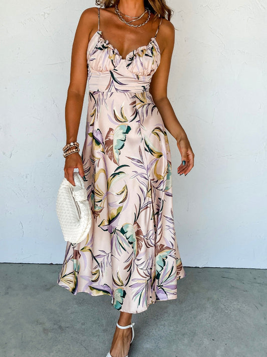 Slit Frill Printed Midi Cami Dress - The Goddess Galleries