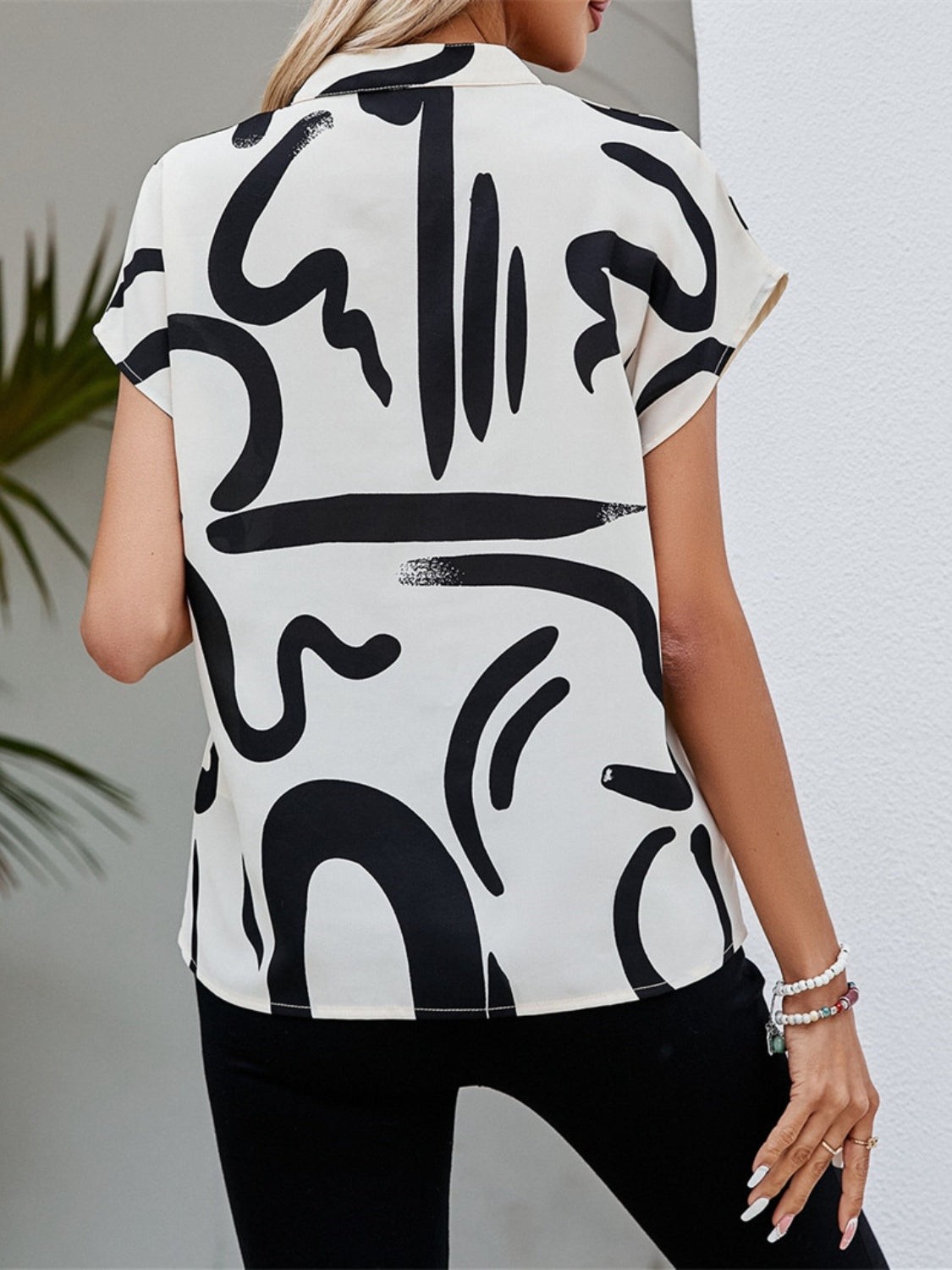 Printed Notched Short Sleeve Blouse - The Goddess Galleries