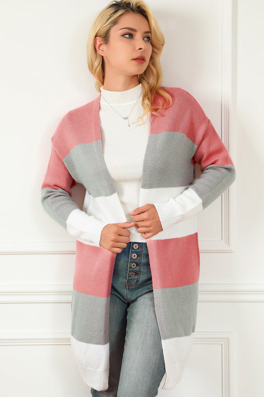 Striped Open Front Long Sleeve Cardigan - The Goddess Galleries