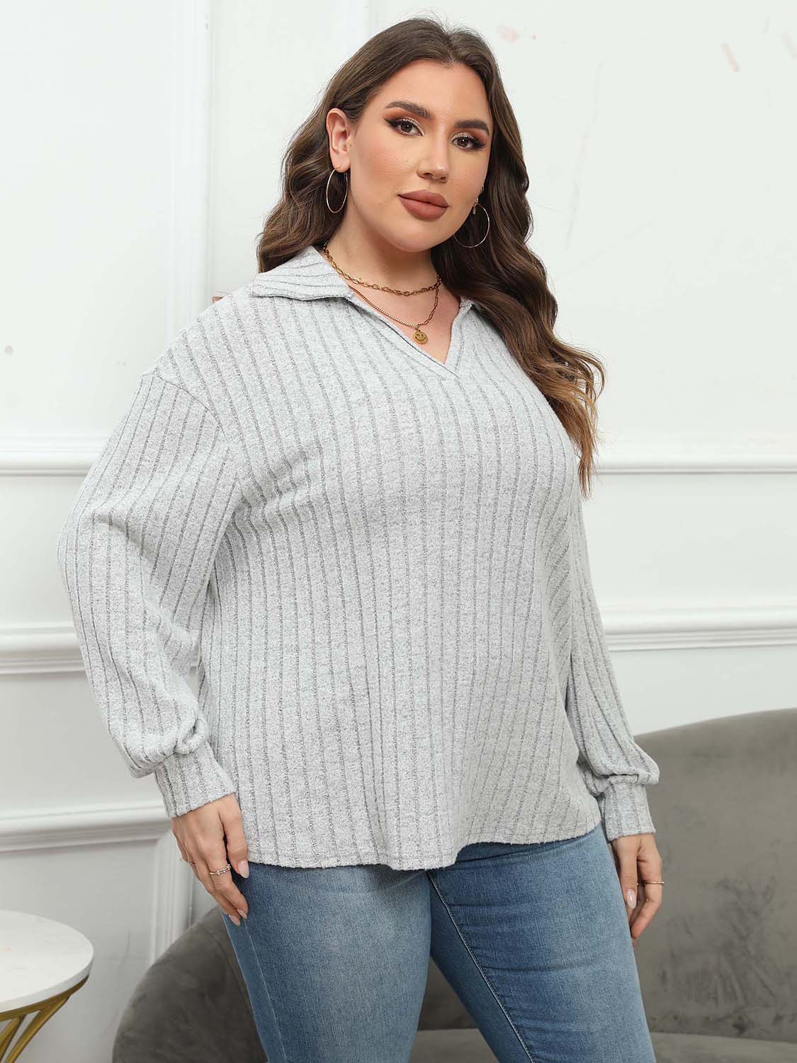 Plus Size Ribbed Collared Neck Long Sleeve Blouse - The Goddess Galleries