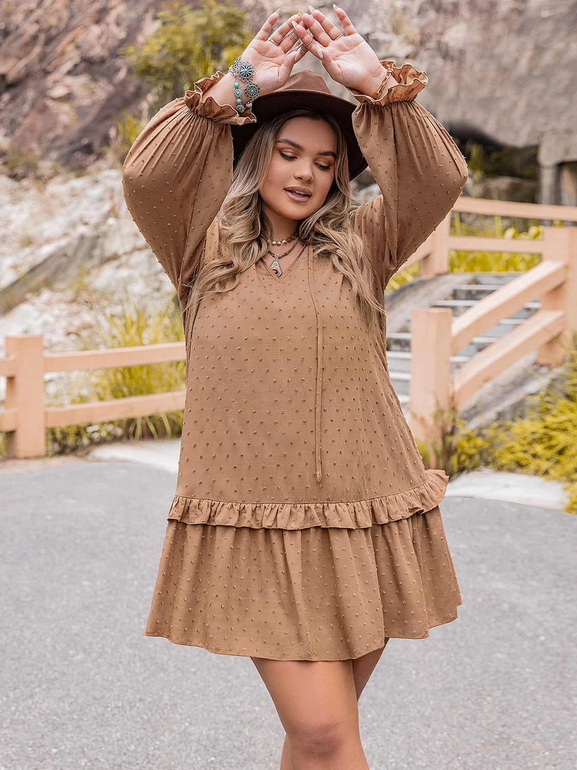 Plus Size Dot Flounce Sleeve Mini Dress - The Goddess Galleries