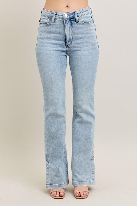 Judy Blue Full Size Tummy Control Vintage Wash Side Slit Slim Boot Jeans Plus Size - The Goddess Galleries