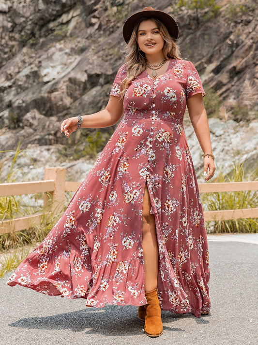 Plus Size Floral Slit Ruffle Hem Dress - The Goddess Galleries