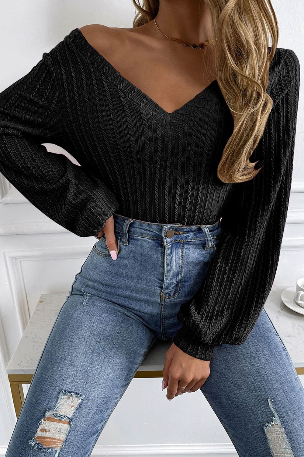 V-Neck Long Sleeve Knit Top - The Goddess Galleries