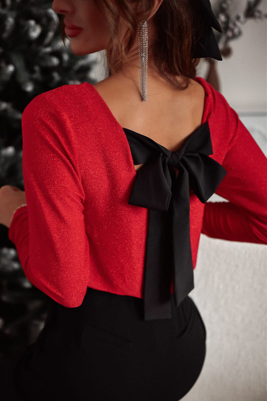 Bowknot V-Neck Long Sleeve Blouse - The Goddess Galleries