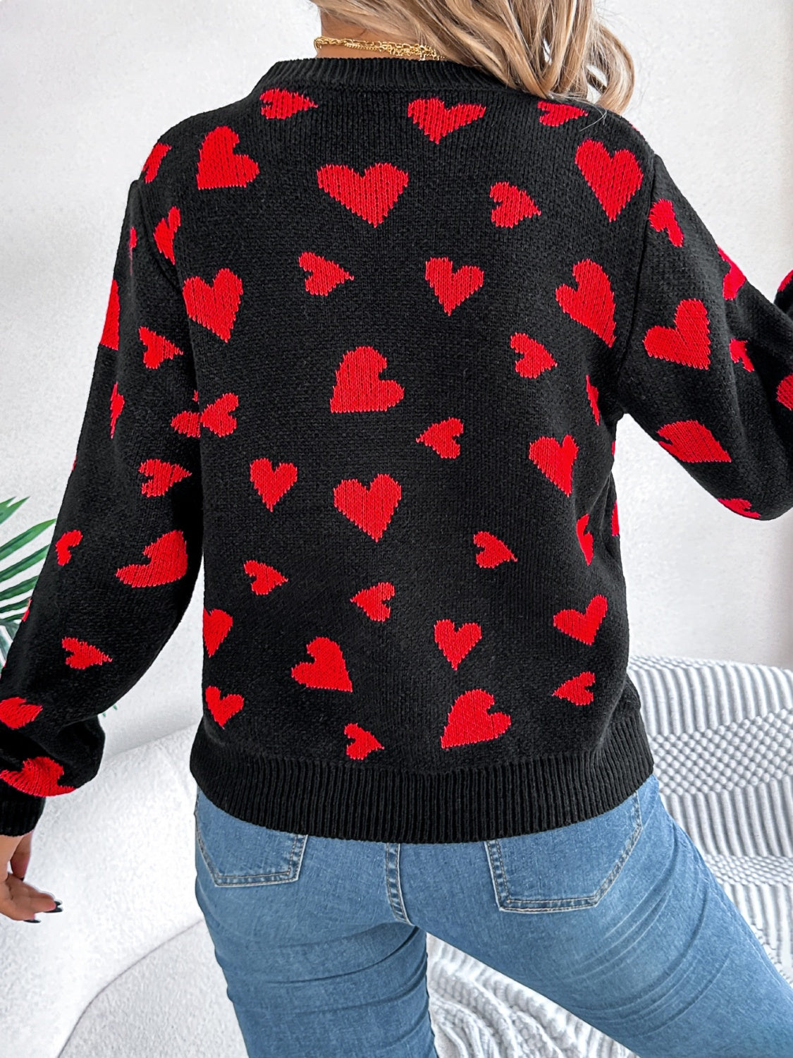 Heart Round Neck Long Sleeve Sweater - The Goddess Galleries