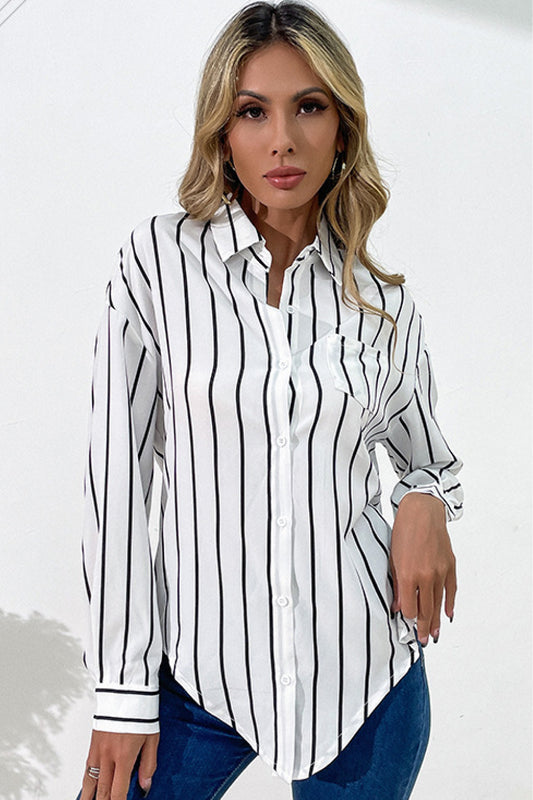 Perfee Vertical Stripes Button Down Shirt - The Goddess Galleries