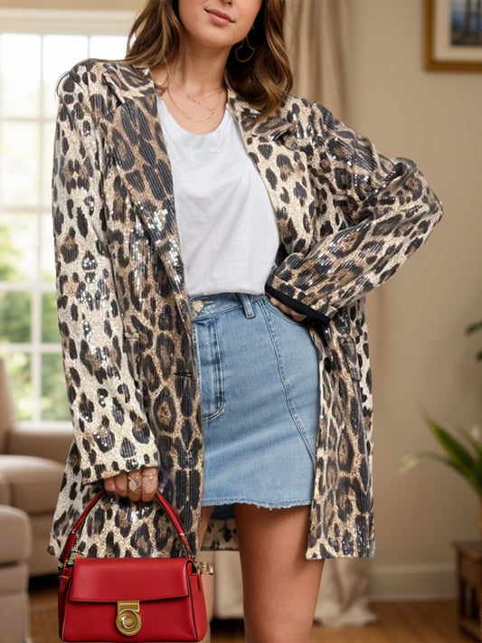 Leopard Lapel Collar Long Sleeve Longline Blazer - The Goddess Galleries