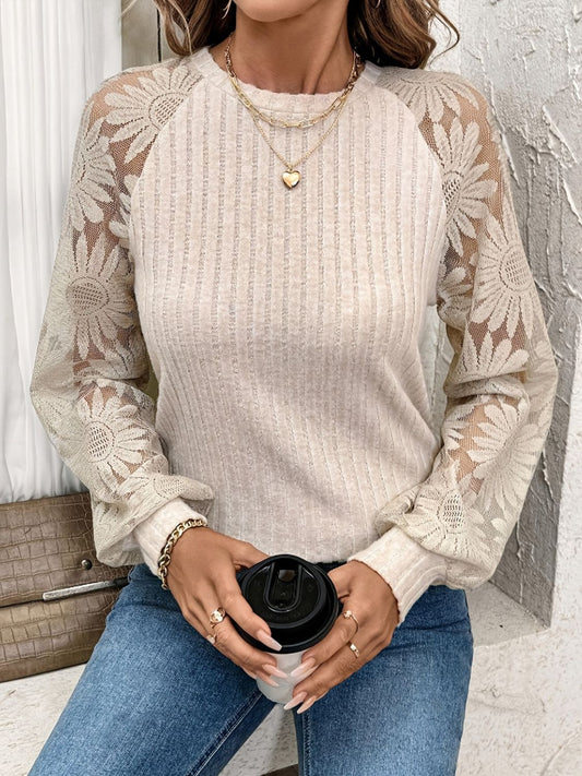 Round Neck Lace Patchwork Long Sleeve Top - The Goddess Galleries