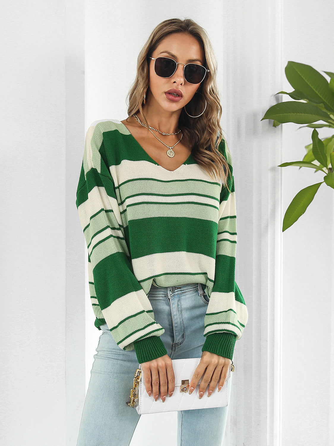 Striped V-Neck Long Sleeve Knit Top - The Goddess Galleries