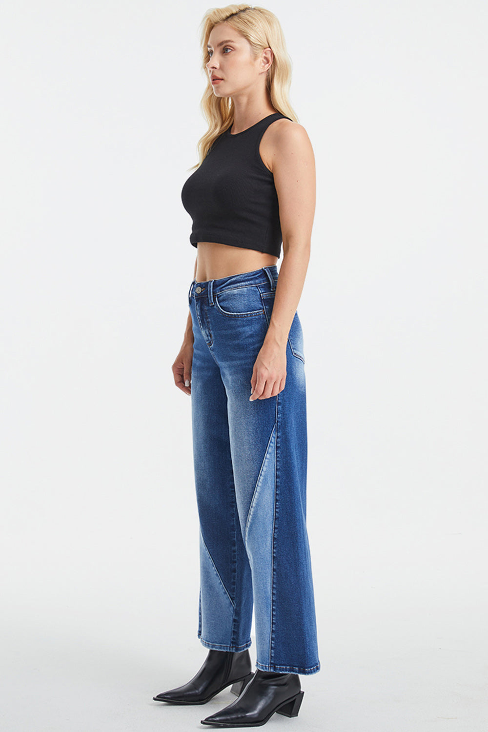 BAYEAS Full Size High Waist Two-Tones Patched Wide Leg Jeans - The Goddess Galleries