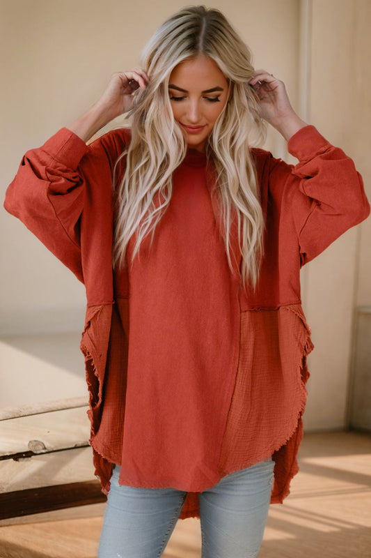 Contrast Texture Round Neck Long Sleeve Blouse - The Goddess Galleries