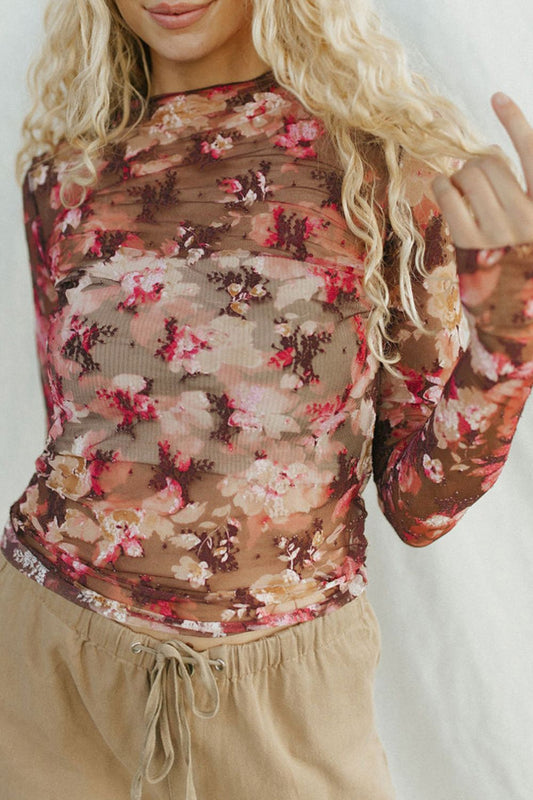 Floral Mock Neck Long Sleeve Sheer Top - The Goddess Galleries