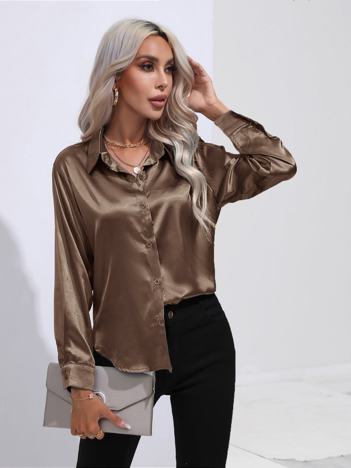 Collared Neck Buttoned Long Sleeve Shirt - The Goddess Galleries