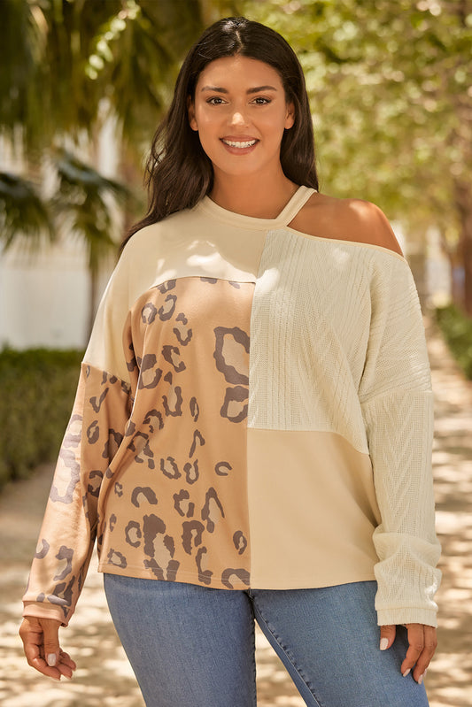 Plus Size Leopard Color Block Long Sleeve T-Shirt - The Goddess Galleries