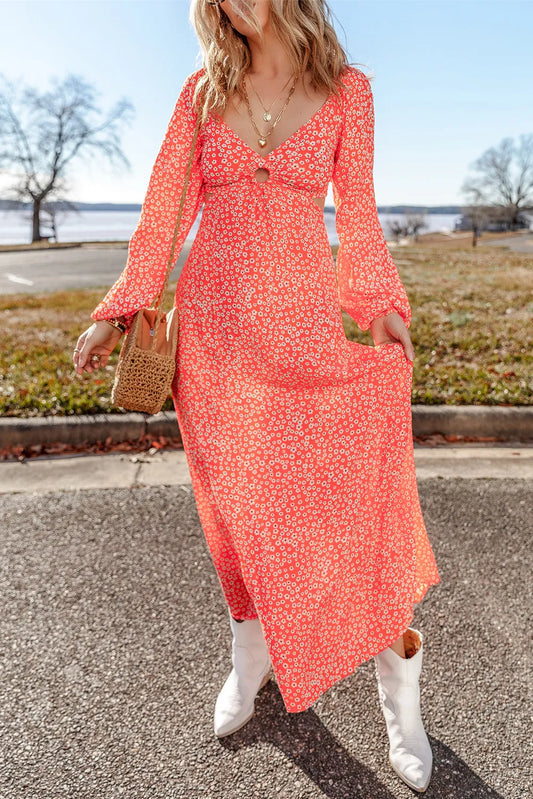 Printed V-Neck Long Sleeve Midi Dress - The Goddess Galleries