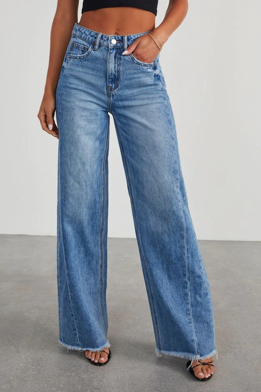 Raw Hem Wide Leg Jeans with Pockets - The Goddess Galleries
