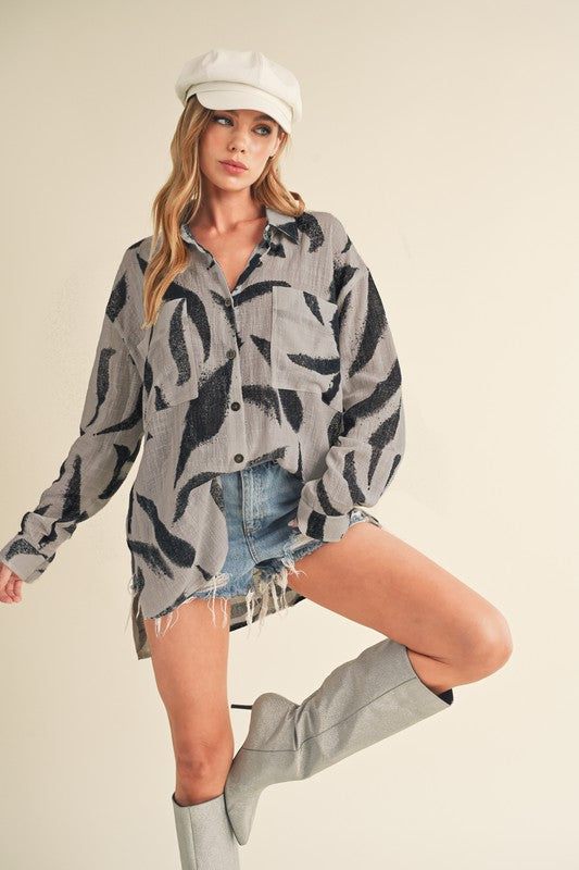Aemi + Co High-Low Printed Button Up Long Sleeve Shirt - The Goddess Galleries