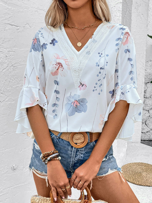 Honey Ruffled Printed V-Neck Half Sleeve Blouse - The Goddess Galleries