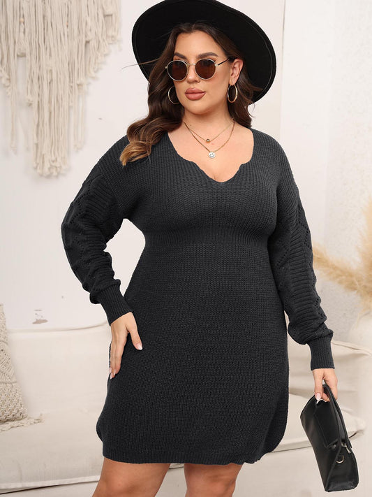 Plus Size Dropped Shoulder Long Sleeve Knit Mini Dress - The Goddess Galleries