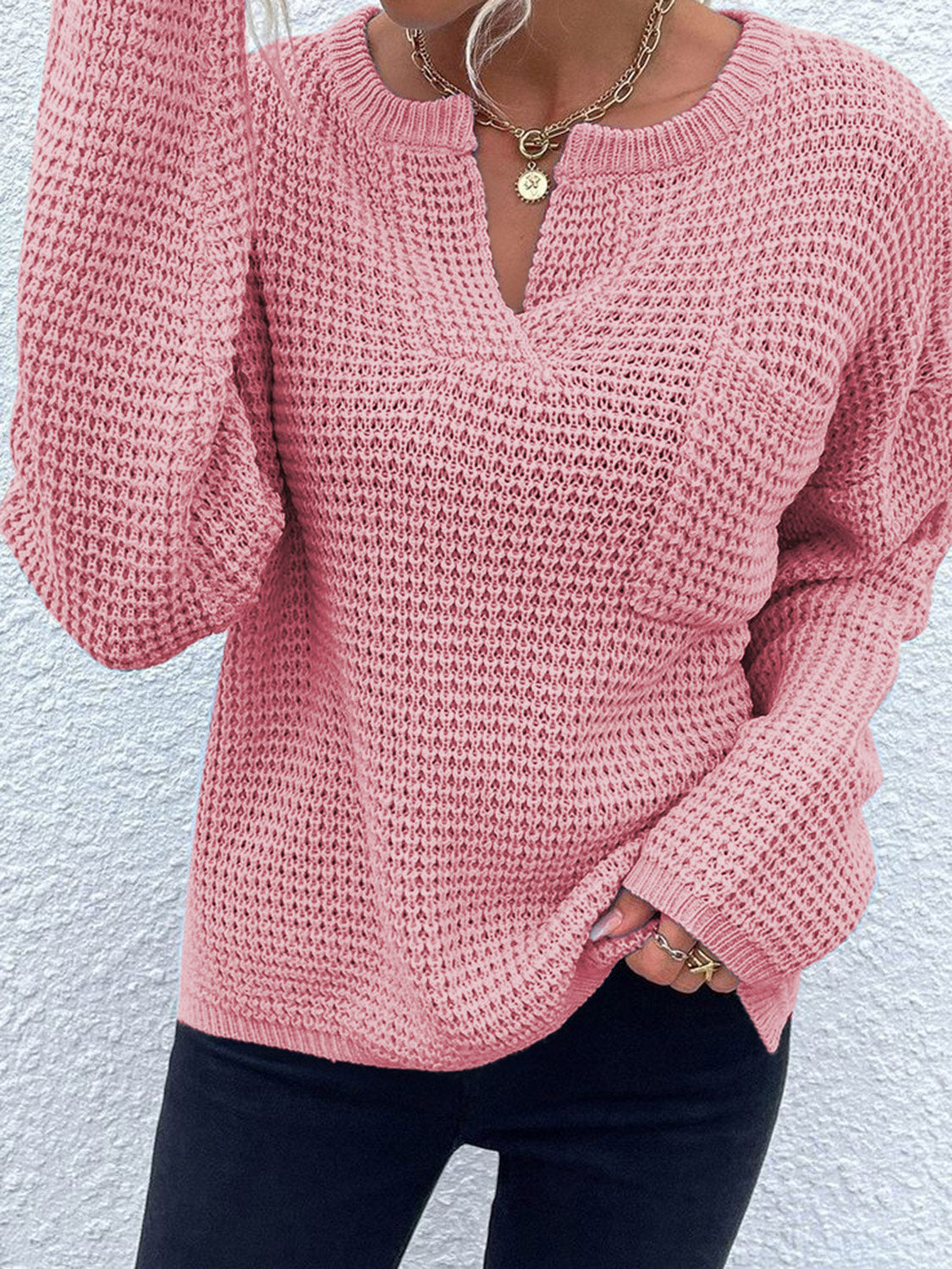 Notched Long Sleeve Sweater - The Goddess Galleries