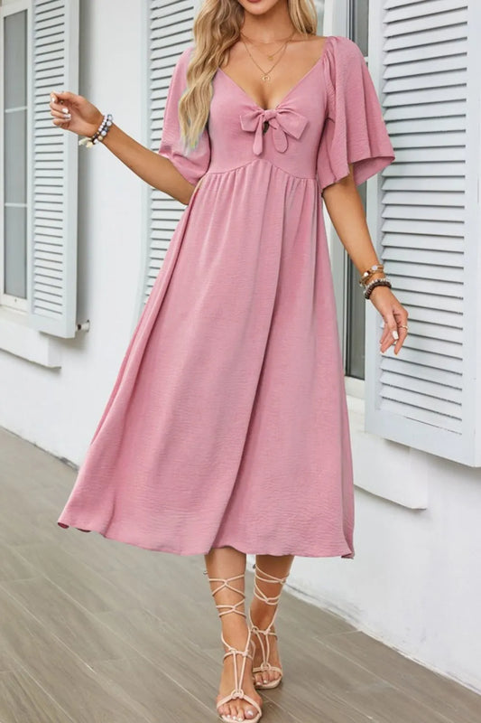 Smocked Tie Front Flutter Sleeve Midi Dress - The Goddess Galleries