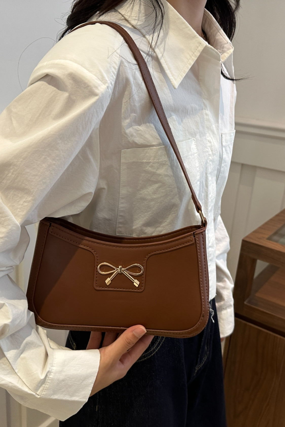 Bow Trim PU Leather Shoulder Bag - The Goddess Galleries