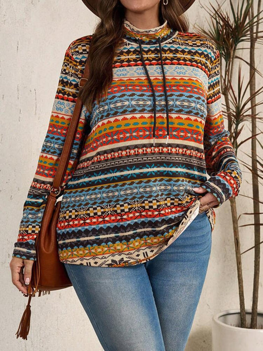 Plus Size Drawstring Printed Mock Neck Long Sleeve Top - The Goddess Galleries