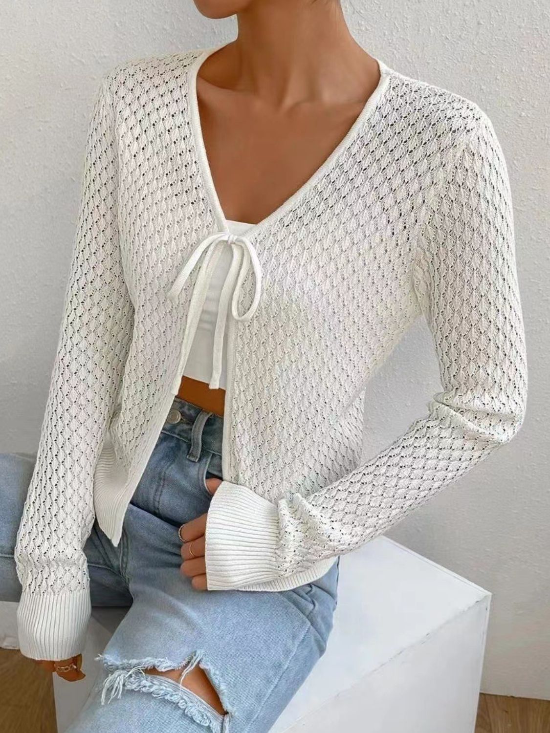 Tied Openwork V-Neck Long Sleeve Cardigan - The Goddess Galleries