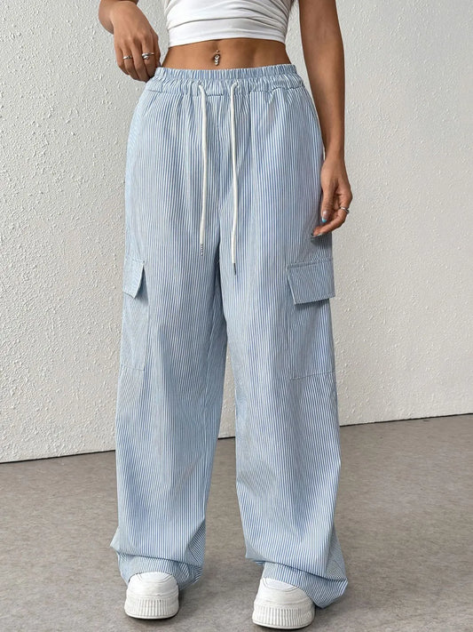 Drawstring Striped Wide Leg Cargo Pants - The Goddess Galleries