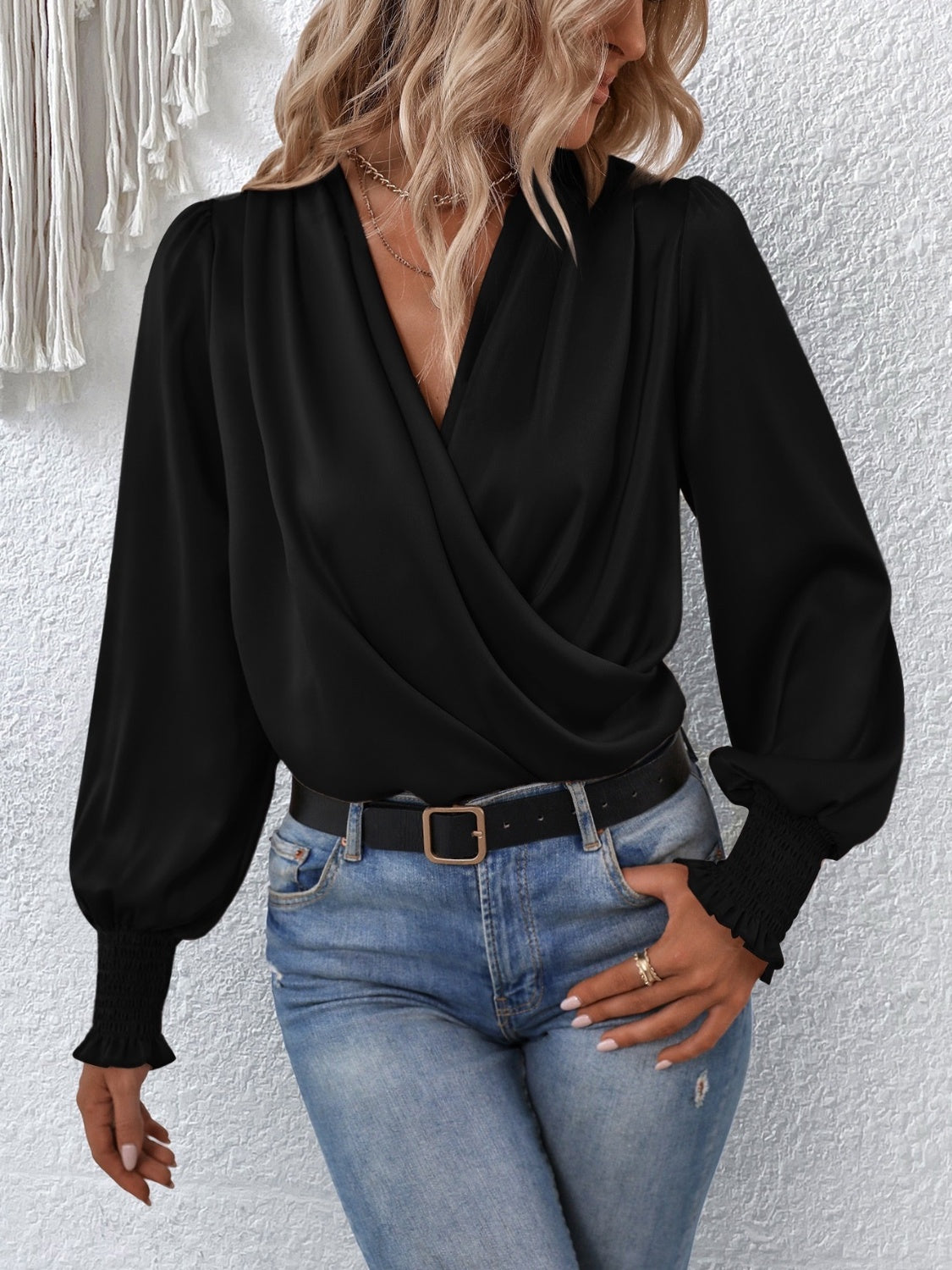 Surplice Smocked Lantern Sleeve Blouse - The Goddess Galleries
