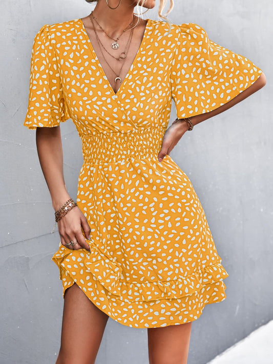 Printed Smocked Waist Layered Surplice Dress - The Goddess Galleries
