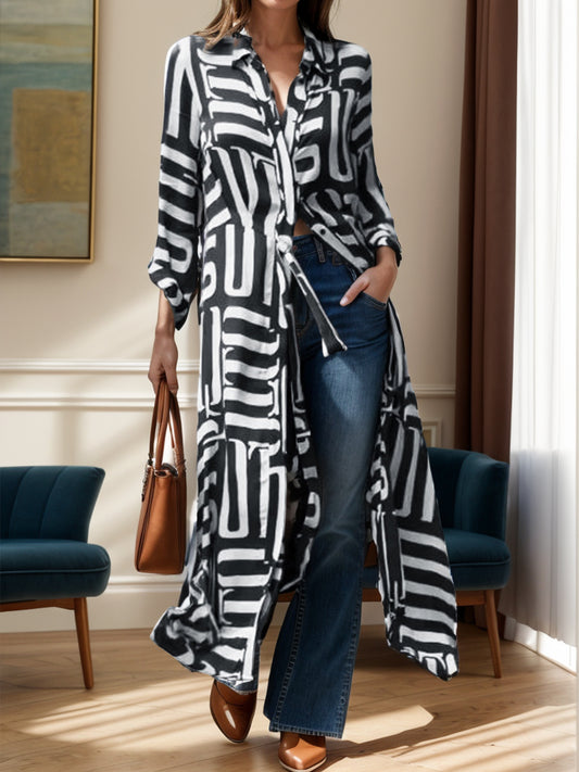 Contrast Collared Neck Long Sleeve Longline Shirt - The Goddess Galleries
