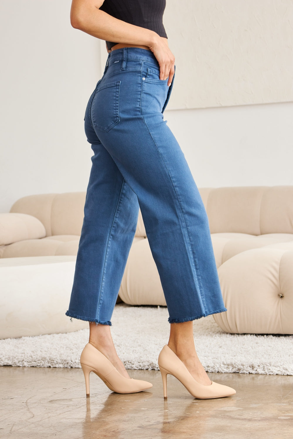 RFM Crop Chloe Full Size Tummy Control High Waist Raw Hem Jeans - The Goddess Galleries