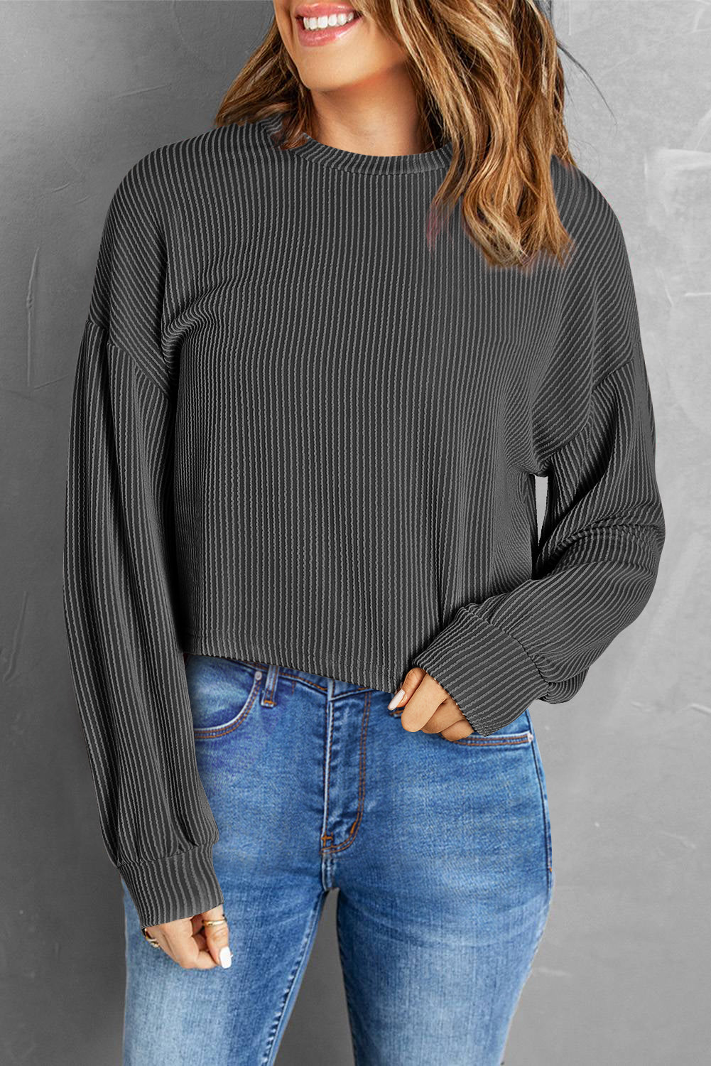 Round Neck Drop Shoulder Long Sleeve Top - The Goddess Galleries