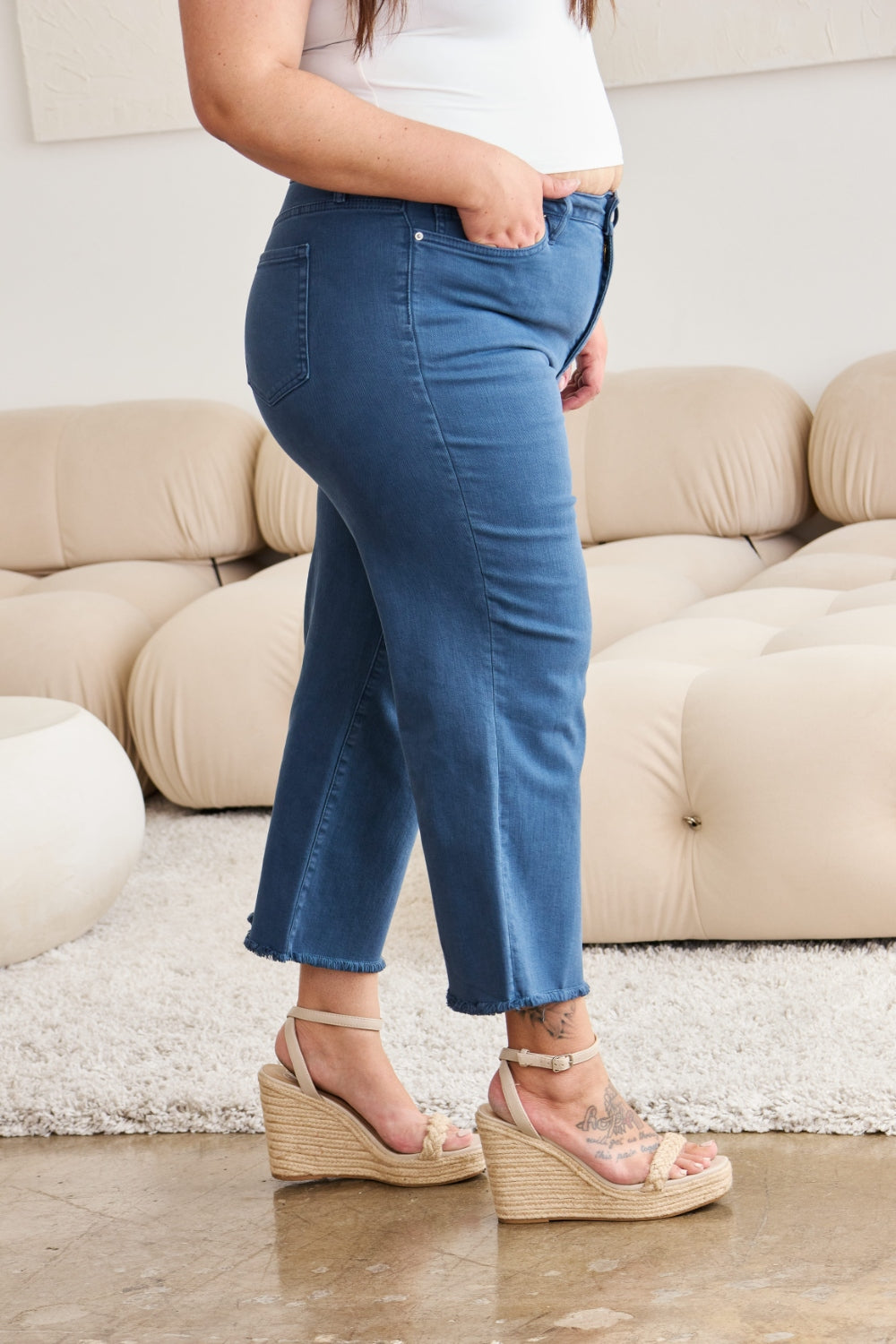 RFM Crop Chloe Full Size Tummy Control High Waist Raw Hem Jeans - The Goddess Galleries