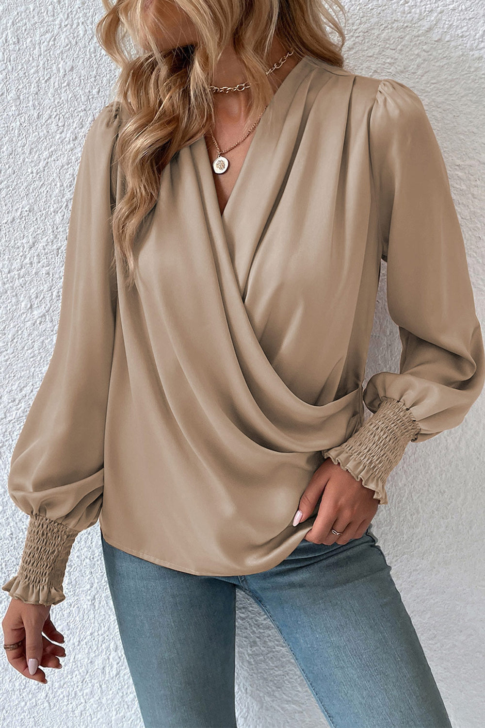 Surplice Neck Lantern Sleeve Blouse - The Goddess Galleries