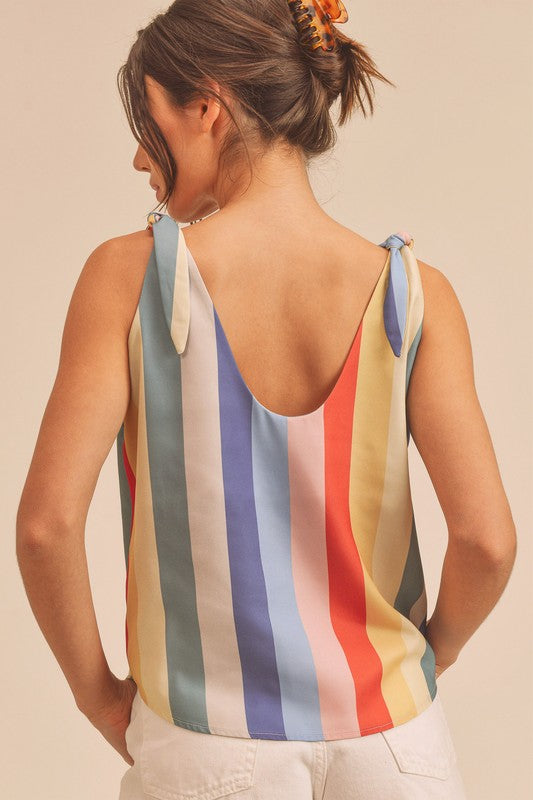 Aemi + Co Contrast Striped Scoop Neck Tie Shoulder Tank - The Goddess Galleries