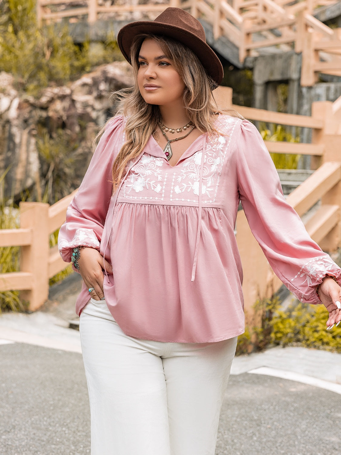 Plus Size Tie Neck Puff Sleeve Blouse - The Goddess Galleries
