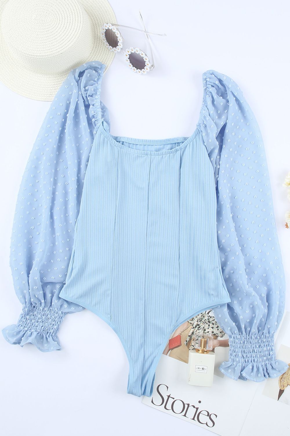 Swiss Dot Flounce Sleeve Square Neck Bodysuit - The Goddess Galleries
