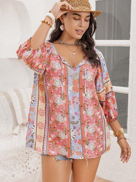 Plus Size Printed Tie Neck Balloon Sleeve Blouse - The Goddess Galleries